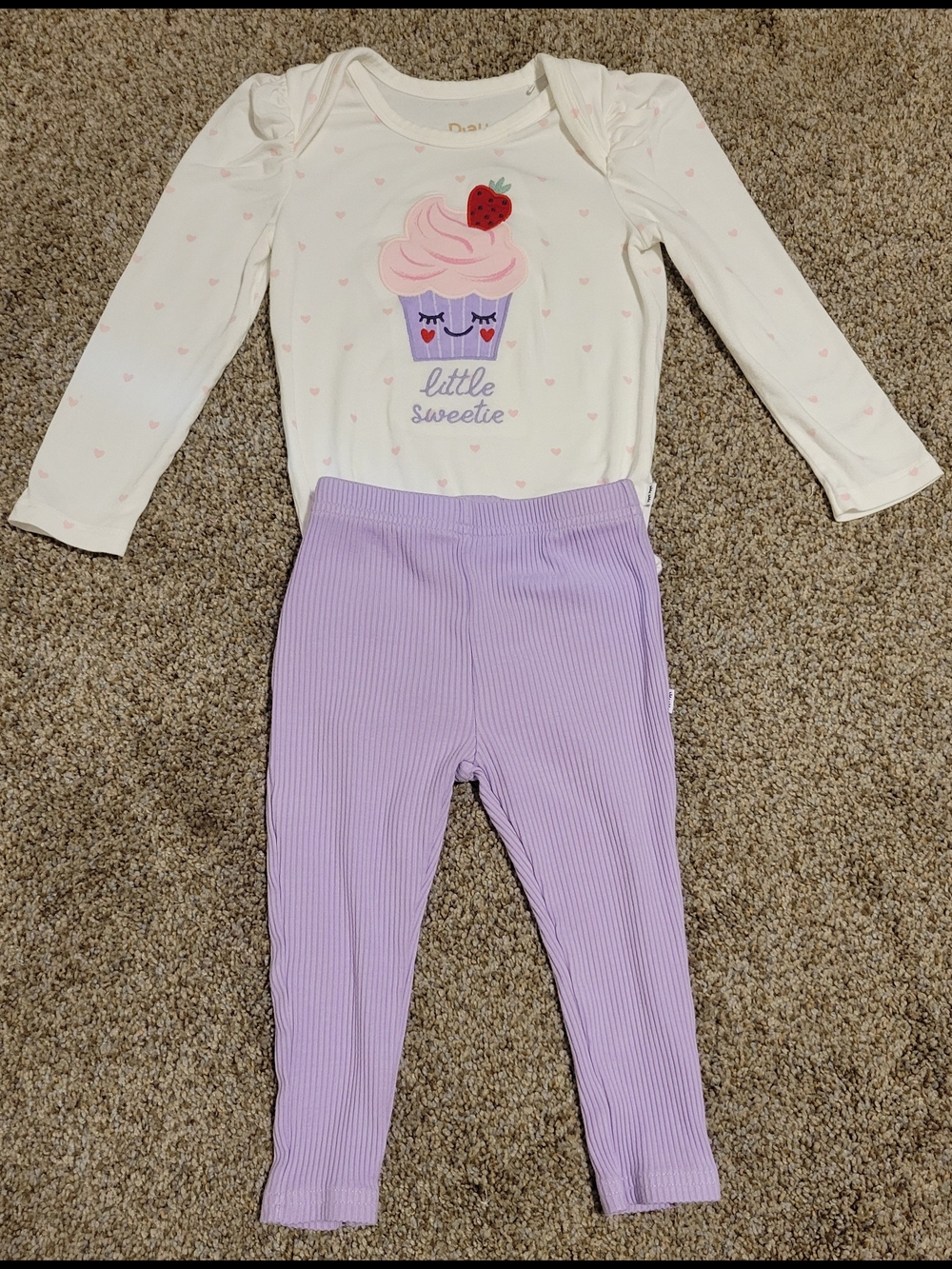 Little Sleepies White Cupcake Top with Purple Lavender Ribbed Pants